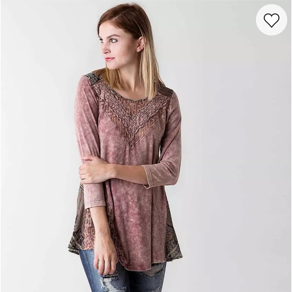 NWT Gimmicks by BKE Rust & Black Relaxed Tunic with Crochet 3/4 Sleeves Size Med
